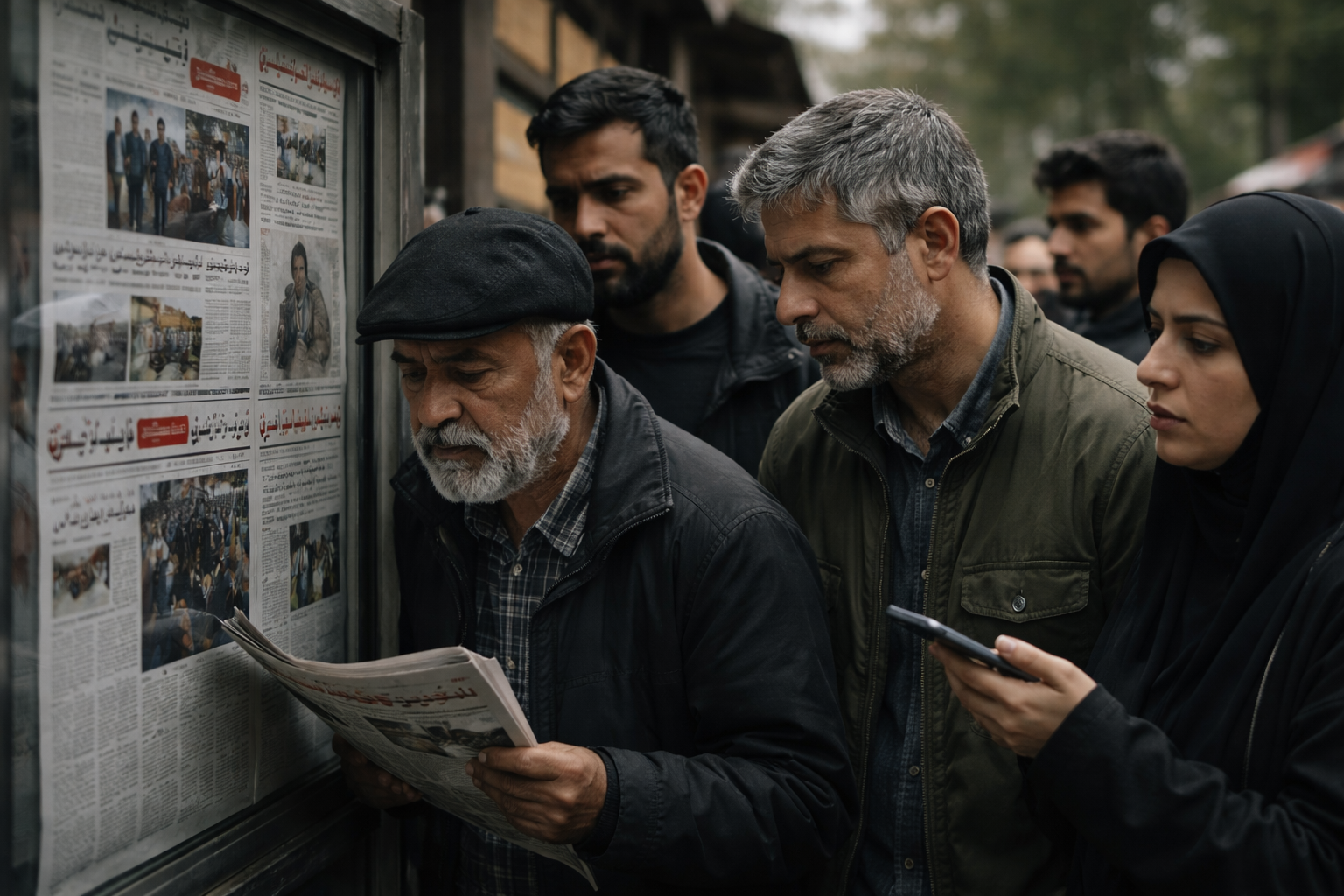 Lectura preocupada en un quiosco de noticias