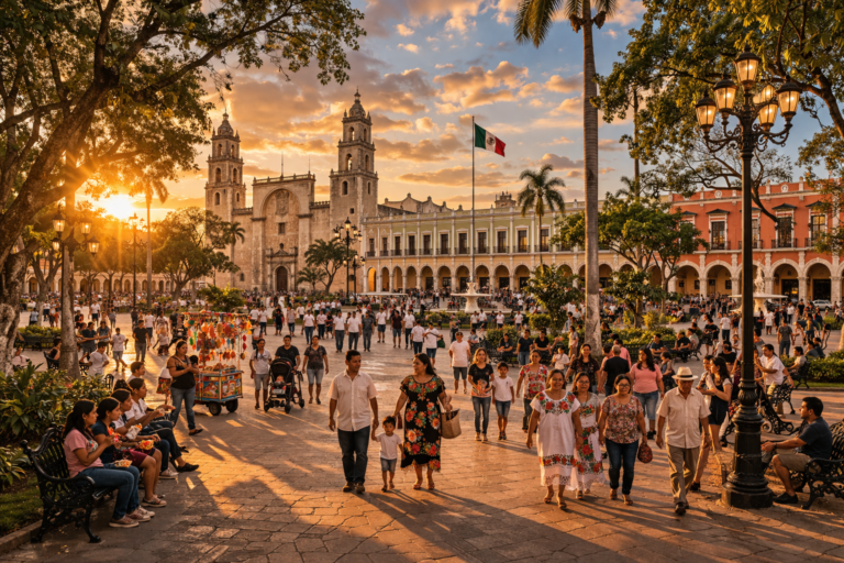 Plaza Mérida al atardecer cálido